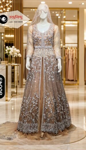 Front-Cut Net Gown with Skirt